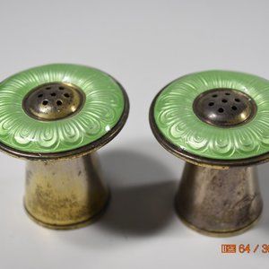 Vintage Norway Sterling and Guilloche Enamel Crystal Salt and Pepper Shaker Set